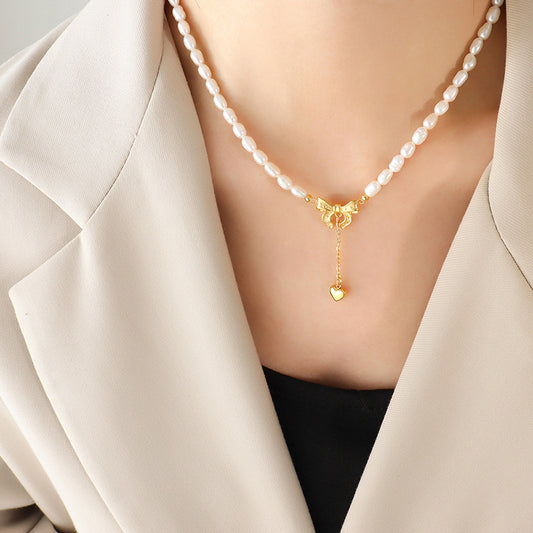 Pearl Heart: Titanium Steel Necklace with Freshwater Pearl